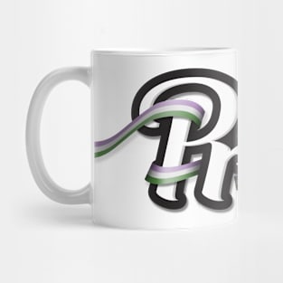 Genderqueer pride flag colored ribbon wrapped around the letters of the word PRIDE Mug